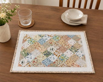 Vintage Calico Floral Quilted Placemats, Patchwork Farmhouse Table Mats, Country Cottage Dining Decor by HOME HEART Brands (Made in India)”