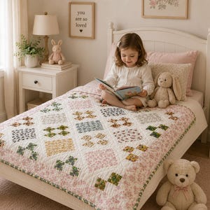 Peut inclure: Une courtepointe en patchwork présentant un motif répétitif de carrés floraux dans des tons de rose, vert, jaune et bleu, finie avec une bordure florale rose délicate. La courtepointe est cousue avec un motif en grille sur un lit.