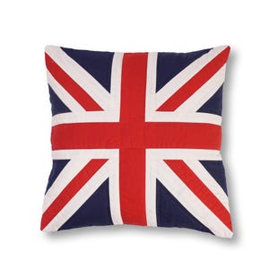 May include: A square pillow with a quilted Union Jack design. The pillow is made of red, white, and blue fabric.