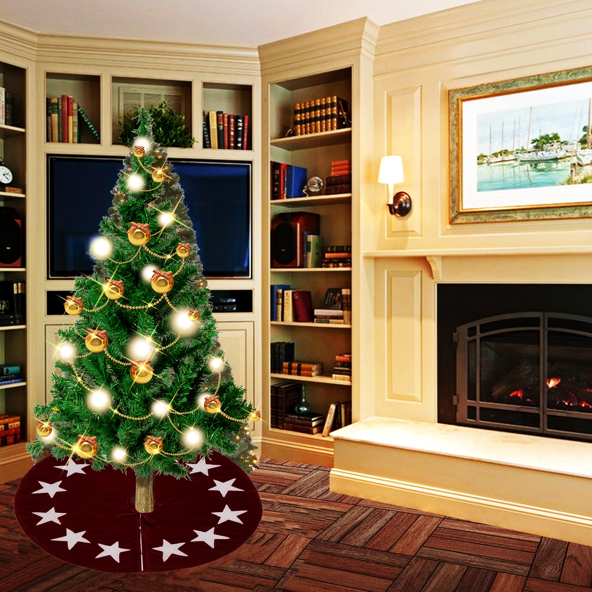 Gonna Albero Di Natale In Velluto Con Paillettes Bordeaux - Diametro 91,4 Cm - Base Rotonda Per Albero Fino A 1,8m