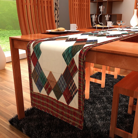 Quilted Table Runner & Toppers patchwork Boston common country fashion mix plaid and off white by HOME HEART Brands(Made in India)