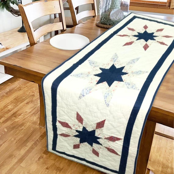 Hand Quilted crafted  Lone Star Glory – Rust & Navy patchwork multi  table runner 16"x50" Table Toppers by HOME HEART Brands(Made in India)