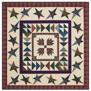 May include: A square quilt featuring a central bear paw block pattern surrounded by borders of triangles and stars. The design incorporates various plaid and solid fabrics in shades of red, blue, green, and cream, finished with a dark red plaid border.