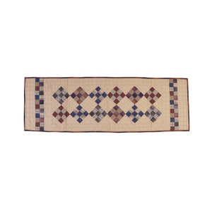 May include: A beige table runner with a patchwork design featuring red, blue and white squares. The runner has a border of red, blue and white plaid fabric.