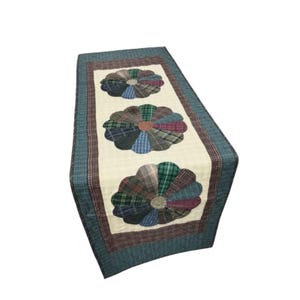 May include: A rectangular quilted table runner featuring three large, flower-shaped appliqués. The flowers are made from various plaid fabrics in green, blue, and burgundy. The runner has a cream-coloured centre and a plaid border in blue and brown.
