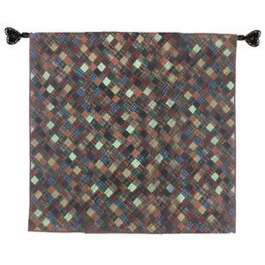 May include: A patchwork quilt with a diamond pattern in shades of brown, red, blue, green, and white. The quilt is made of various plaid fabrics and has a rustic, vintage look.