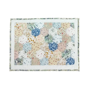 May include: A patchwork quilt featuring a pattern of hexagonal shapes in various floral prints. The quilt has a white border and a green and white floral patterned edge. The color palette includes shades of blue, pink, yellow, and green.