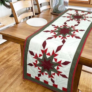 May include: A quilted table runner with a white background and a repeating pattern of red and green starbursts. The runner has a green border and is placed on a wooden table, adding a festive touch to the dining area.