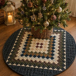 May include: A decorated Christmas tree with ornaments sits on a round tree skirt. The tree skirt has a patchwork design in shades of green, blue, and brown. A wicker basket holds the tree. A lit candle lantern is in the background.