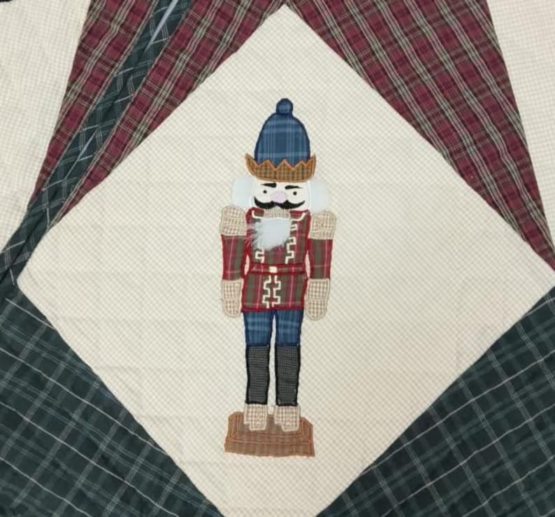 May include: A quilted Christmas-themed design featuring a nutcracker figure. The nutcracker is dressed in a red and blue uniform with a white beard and mustache. The background is a patchwork of plaid and patterned fabrics.