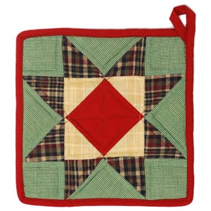 May include: A red, green and brown quilted pot holder with a star design. The pot holder has a loop for hanging.