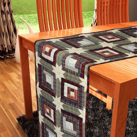 Quilted Table Runner wall hanging & Table Toppers patchwork Country cabin green gold plaid by HOME HEART Brands(made in INDIA)