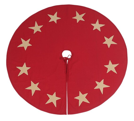 Christmas tree skirt Cotton Sturdy red Duck Fabric & beige Star Appliqued Embroidered by HOME HEART Brands