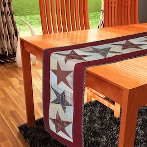 May include: A red and white quilted table runner with a patchwork design featuring stars. The runner is on a wooden table with a chair in the background.