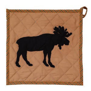 May include: A tan quilted pot holder featuring a black moose silhouette. The pot holder has a diamond pattern and a plaid border in shades of red, green, and brown. A loop is attached for hanging.