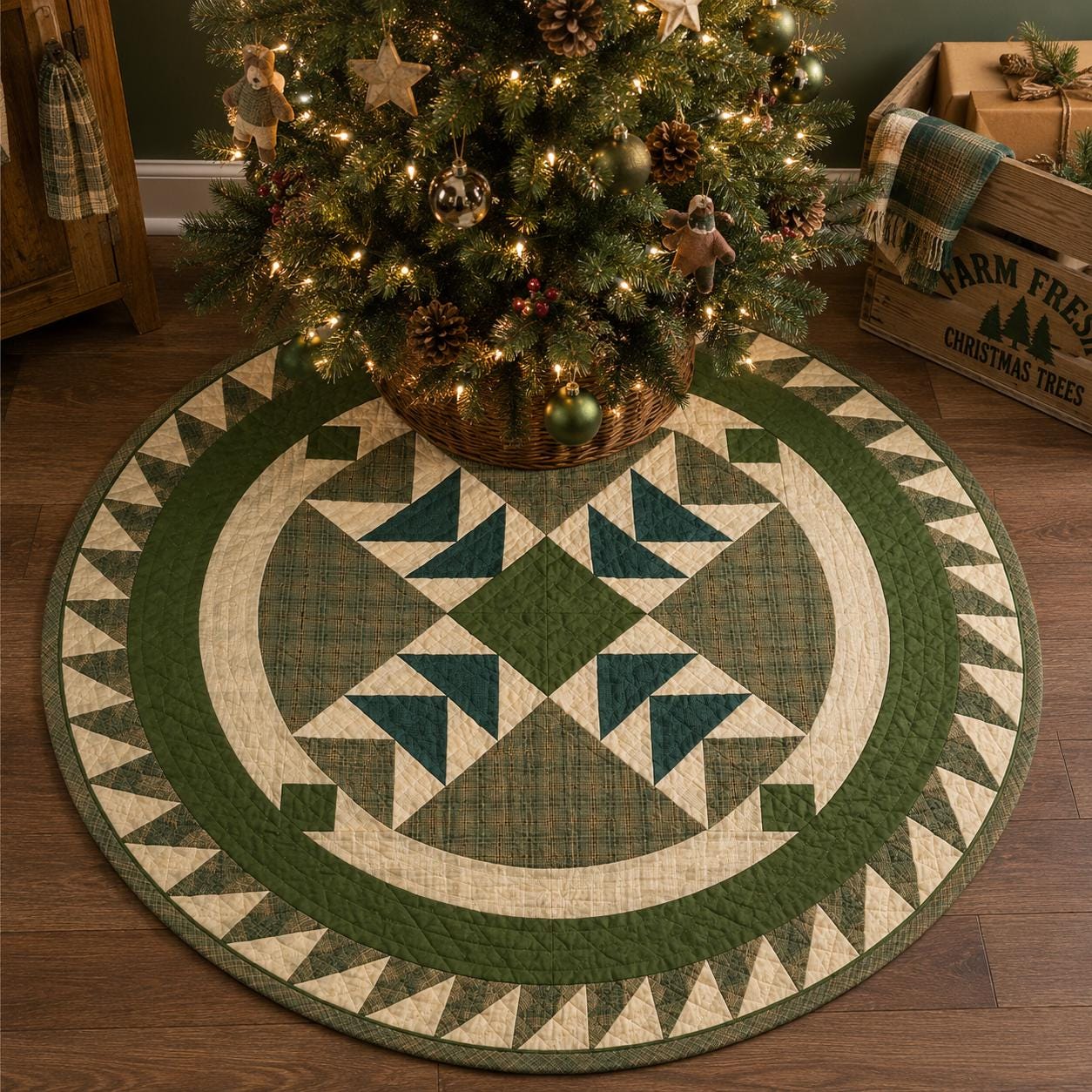 Primitive Flying Geese Green Plaid Round Table Topper, Tree Mat ...