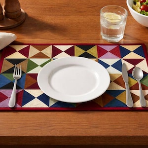 Hand made hand quilted crafted placemats, tablemats, table topper,  patchwork Calico Tulip 14"X19" by HOME HEART Brands (Made in India)