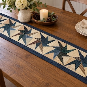 Può includere: Un runner da tavola trapuntato rettangolare con un motivo a stella ripetuto nei toni del blu navy, crema e scozzese. Il runner presenta un bordo blu navy a tinta unita e cuciture complesse che creano un design geometrico sul tessuto.