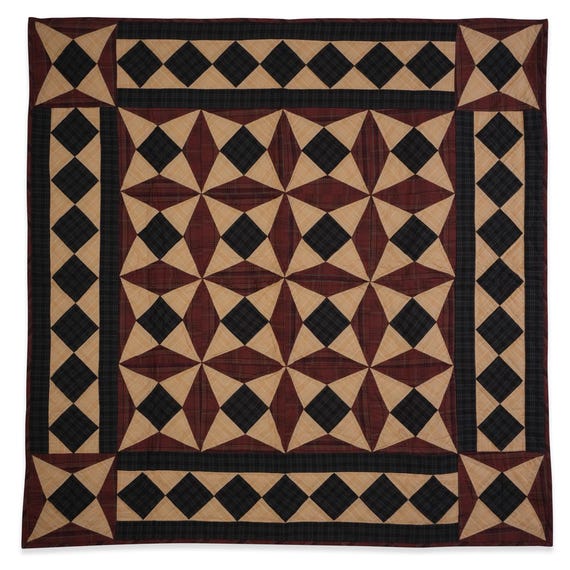 Hand made Hand quilted Throw Quilt, Wall hanging, Table Topper Spinning wheel blue burgundy plaid quilt by Home Heart brands (Made in India)