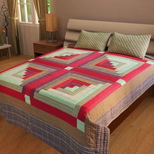 Hand Quilted bedspread quilts primitive log cabin patchwork Design Mix Plaid Fabric by HOME HEART Brands (made in INDIA)