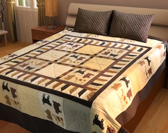 Handquiltade överkast med lapptäcke av primitiva bondgårdsdjur och broderat mönstermix av rutigt tyg från HOME HEART Brands (tillverkat i Indien)