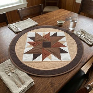 Peut inclure: Un dessous de plat rond et matelassé avec un motif d'étoile en dégradé de marron, beige et blanc. Le dessous de plat a une bordure marron foncé et est posé sur une table en bois. Serviettes, couverts et un verre d'eau sont également présents.