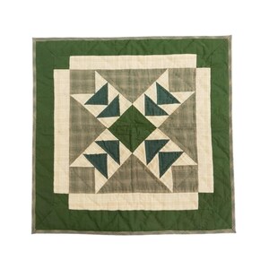 May include: Square quilt with a star pattern. The quilt features a central design of four dark green triangles, surrounded by a cream-colored border and a green outer border. The star pattern is set against a gray and cream plaid background.
