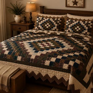 Op de afbeelding: Een bed met een patroonquilt en bijpassende kussenslopen. De quilt heeft een geometrisch ontwerp in tinten bruin, blauw en crème. Een houten nachtkastje met een lamp en decoratieve items is zichtbaar.