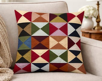 Hand made hand quilted Pinwheel patchwork pillow cover, cushion cover, throw pillow calico quilt by HOME HEART Brands(made in India)