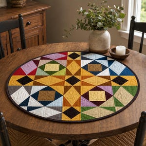 May include: A round quilted table mat featuring a geometric star pattern in a multi-colored palette of mustard yellow, navy blue, forest green, lavender, burgundy, and white, finished with a dark brown fabric binding along the circular edge.
