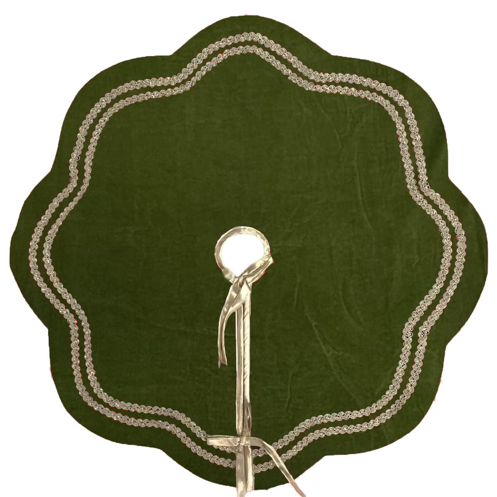 Christmas Tree Skirt Handcrafted Scallop Design,Elegant Green Velvet with Gold Trim Double Layer by HOME HEART Brands(Made in India)