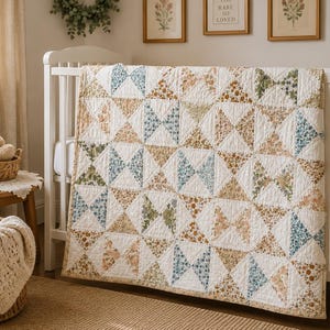 Puede incluir: Una colcha rectangular con un patrón repetitivo de pajaritas compuesto por parches de tela triangulares. El diseño incorpora varios estampados florales en tonos apagados de azul, verde, amarillo y melocotón, intercalados con triángulos blancos lisos.