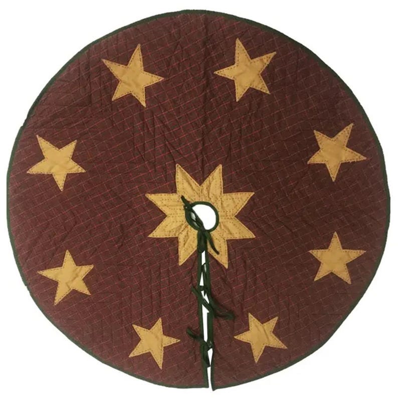 Christmas tree skirt hand quilted applique beige star Country Christmas red green plaid thick Double Layer quilt by HOME HEART Brands