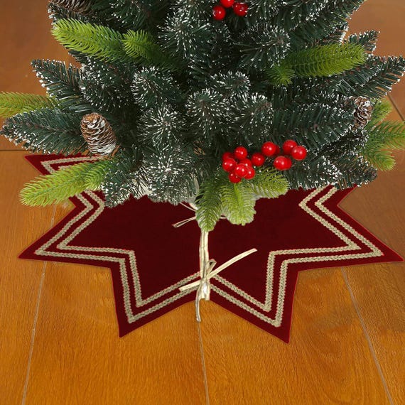 クリスマスツリースカート 手作りスターデザイン バーガンディワイン