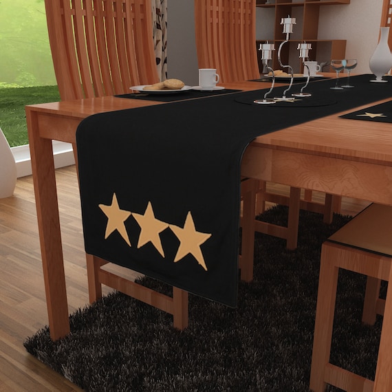Cotton table runner & Toppers Premium tapestry cotton fabric black with beige star applique embroidered by Home Heart Brands(Made in India)
