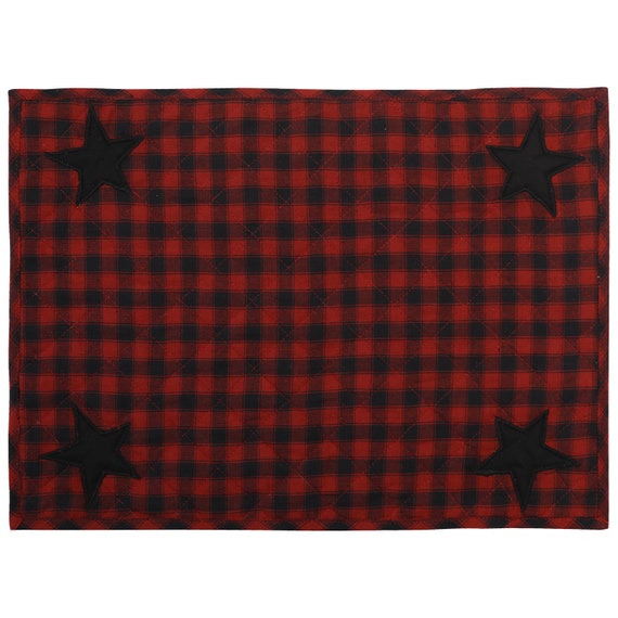 Quilted place mat with black star embroidered on Black/Red Country Plaid 14"X19" by HOME HEART Brands/Tablemat