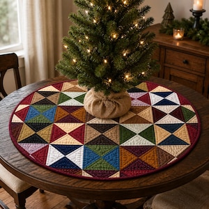 Op de afbeelding: Een kleine kerstboom met lichtsnoer staat op een ronde, gewatteerde tafelkleed. De tafelkleed heeft een geometrisch patroon van driehoeken in verschillende kleuren, waaronder rood, blauw en bruin. De boom staat in een jute zak.