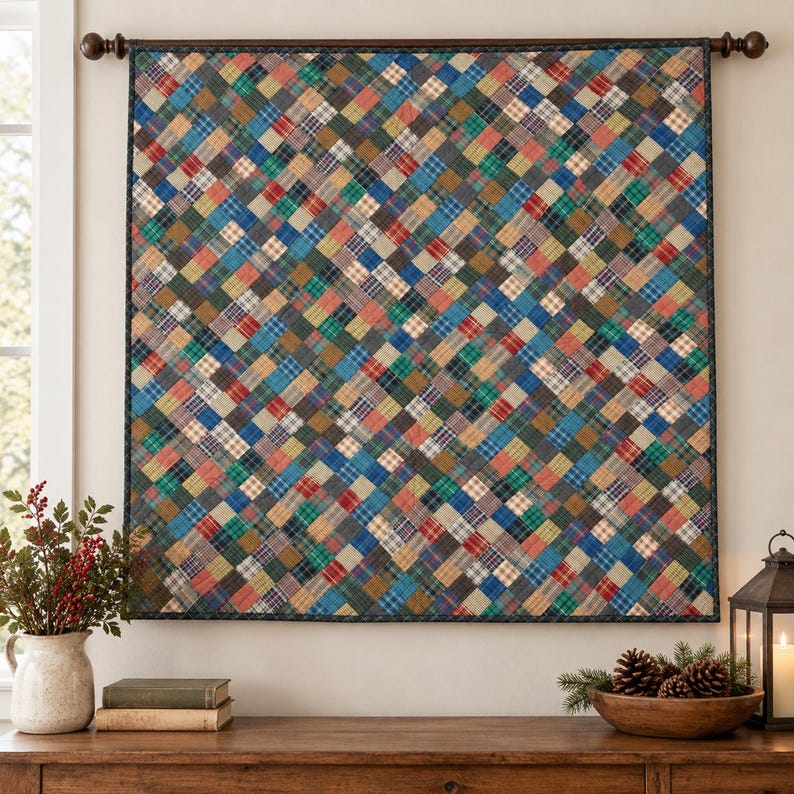 Terracott Quilt Pattern Quilted Square Plaid Quilt, Patchwork Quilt, Rustic Farmhouse Table ...