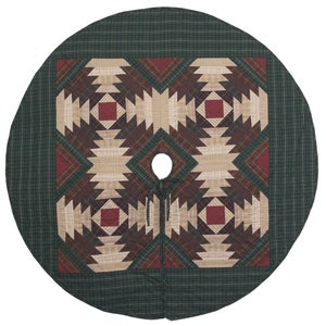 May include: A green, brown, and red quilted Christmas tree skirt with a geometric pattern. The skirt has a hole in the center for the tree trunk.