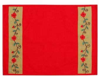 Placemat & Toppers Premium tapestry red duck cotton fabric floral embroidered on beige applique border by Home Heart Brands(Made in India)