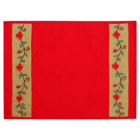 Placemat & Toppers Premium tapestry red duck cotton fabric floral embroidered on beige applique border by Home Heart Brands(Made in India)