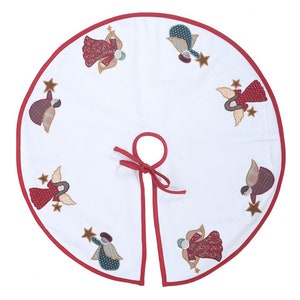 May include: White Christmas tree skirt with a red trim and embroidered angels holding stars.