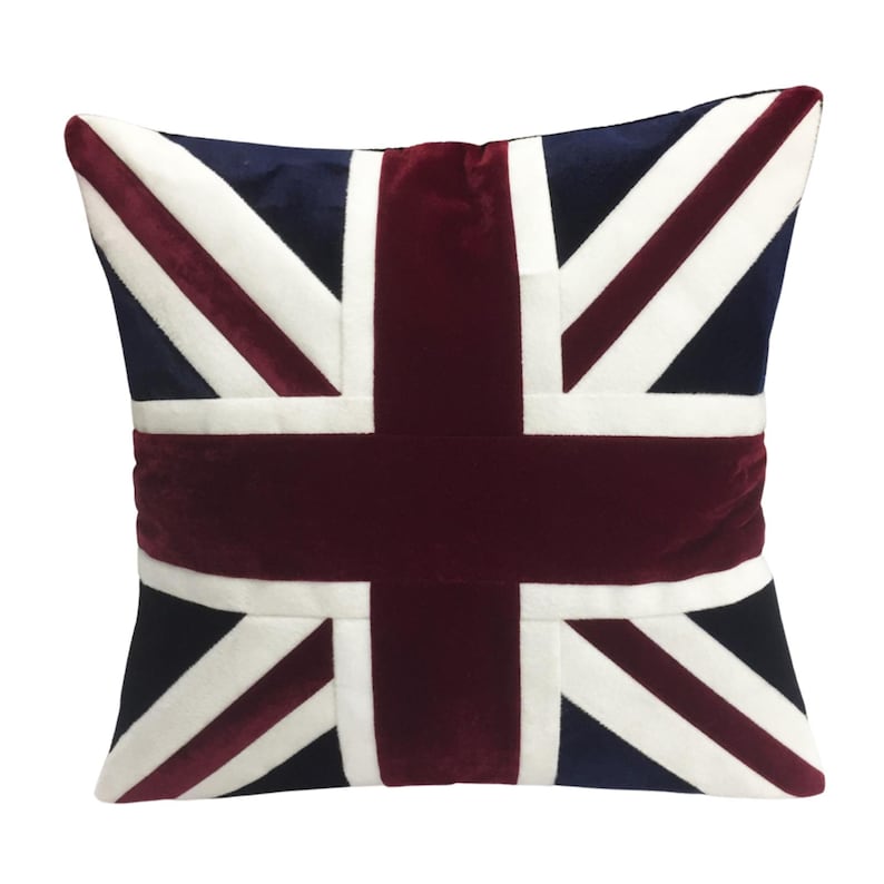 May include: A square throw pillow with a red, white, and blue Union Jack design. The pillow is made of a soft, plush fabric.