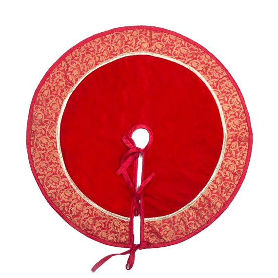 Christmas tree skirt classic micro red Velvet fabric with Brocade Fabric Border Thick Double Layer by HOME HEART Brands