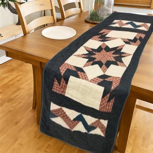 May include: A navy blue table runner with a central star pattern in cream, red, and navy blue. The runner features a patchwork design with geometric shapes and star motifs, adding a rustic touch to the table setting.