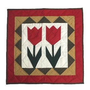May include: A red, white, and green quilted throw pillow with a design of two tulips. The pillow has a brown and tan plaid border.