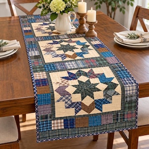 Hand Quilted crafted North Star  plaid Table Runner,  17 x 50 Inch Farmhouse Table Runner Table Toppers by HOME HEART Brands(Made in India)