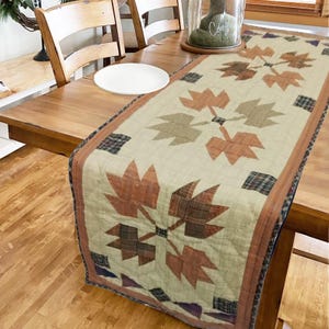 May include: A rectangular table runner featuring a quilted leaf design in brown, tan, and plaid. The runner is laid on a wooden table, with a white plate and wooden chairs in the background. The style is rustic and evokes an autumnal feel.