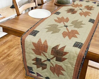 Hand-Quilted Autumn Leaves Table Runner: Country Plaid Patchwork