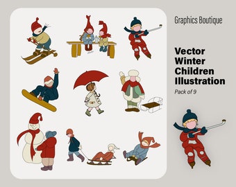 Winter Kids Illustration, Flat Vector Graphics (AI, PNG)